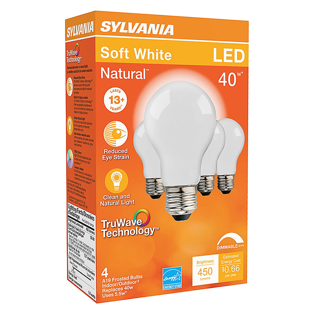 Sylvania 40668 Natural A19 E26 (Medium) LED Bulb Soft White 40 W 4 pk
