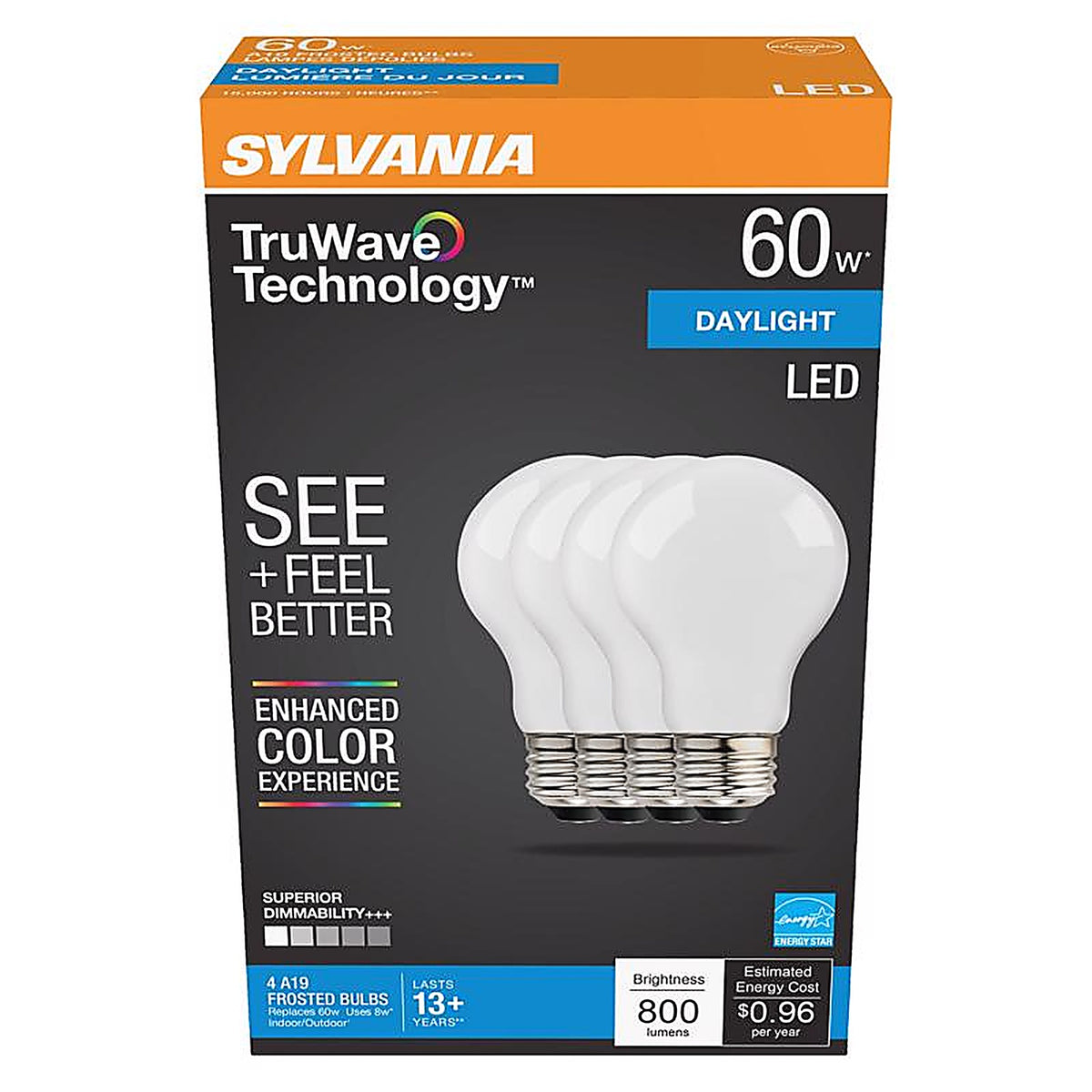 Sylvania 40672 Natural A19 E26 (Medium) LED Bulb Daylight 60 W 4 pk