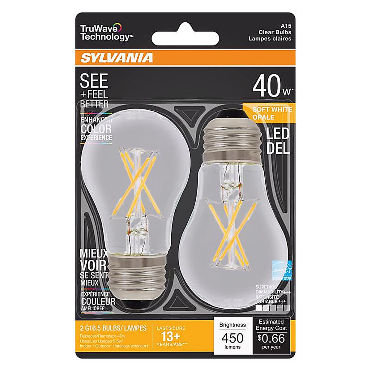 Sylvania 40761 Natural A15 E26 (Medium) LED Bulb Soft White 40 W 2 pk