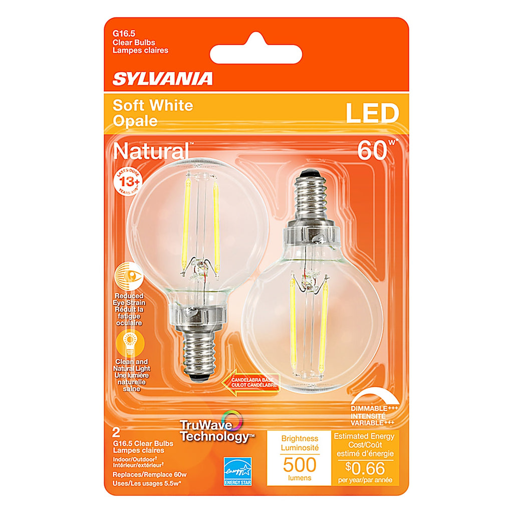 Sylvania 40852 Natural G16.5 E12 (Candelabra) LED Bulb Soft White 60 W 2 pk