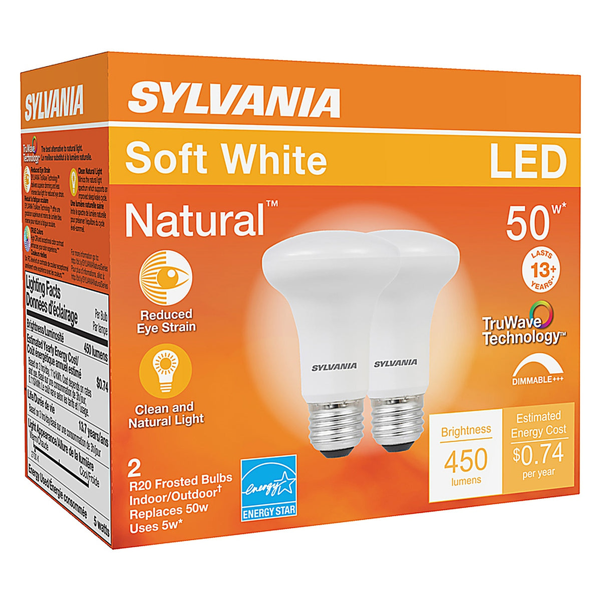 Sylvania 40788 Natural R20 E26 (Medium) LED Floodlight Bulb Soft White 50 W 2 pk