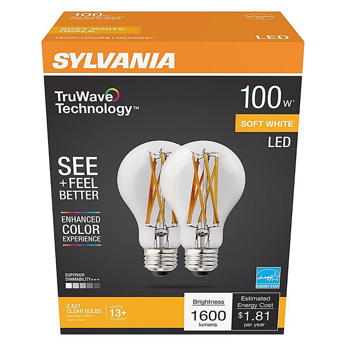 Sylvania 40754 Natural A21 E26 (Medium) LED Bulb Soft White 100 W 2 pk