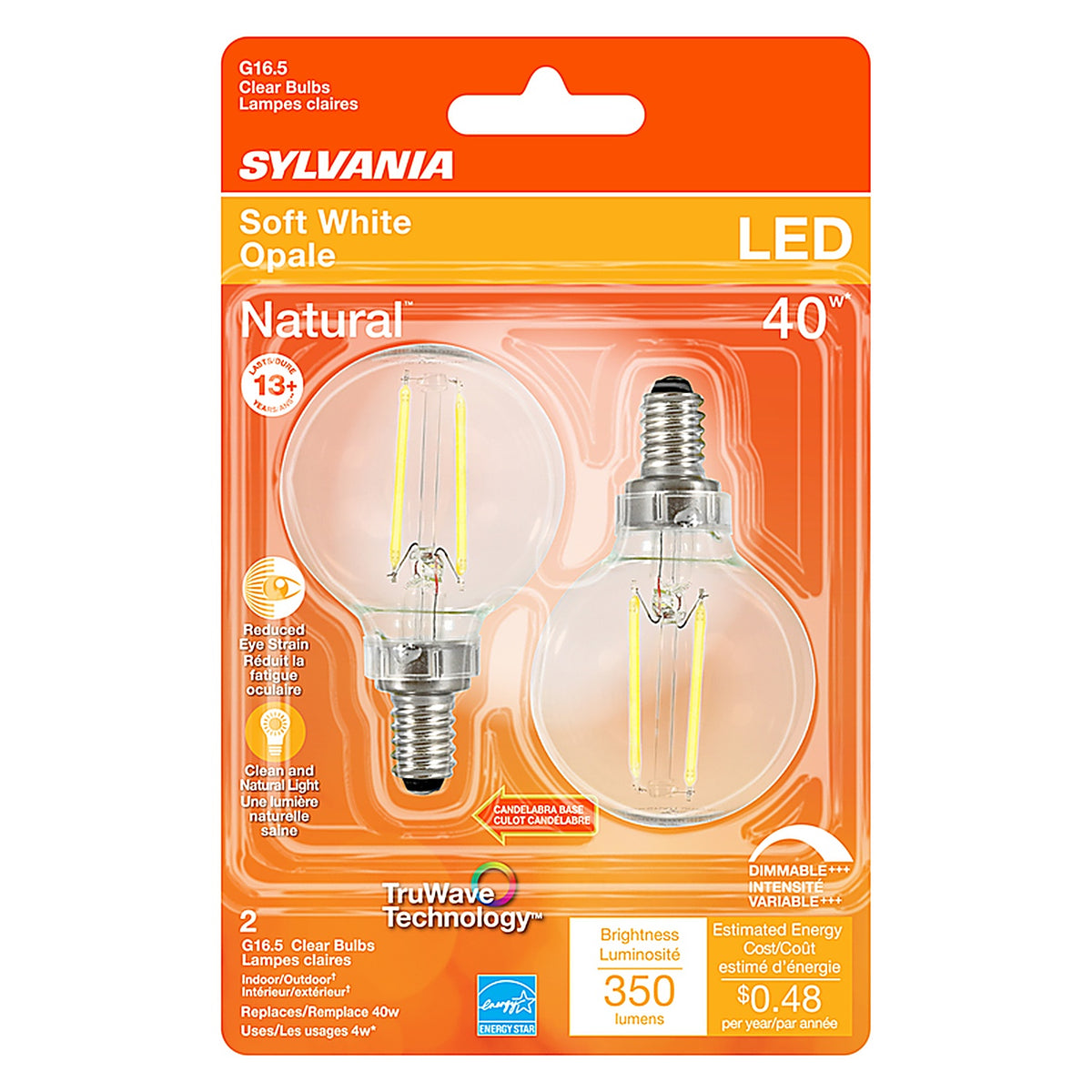 Sylvania 40784 Natural G16.5 E12 (Candelabra) LED Bulb Soft White 40 W 2 pk