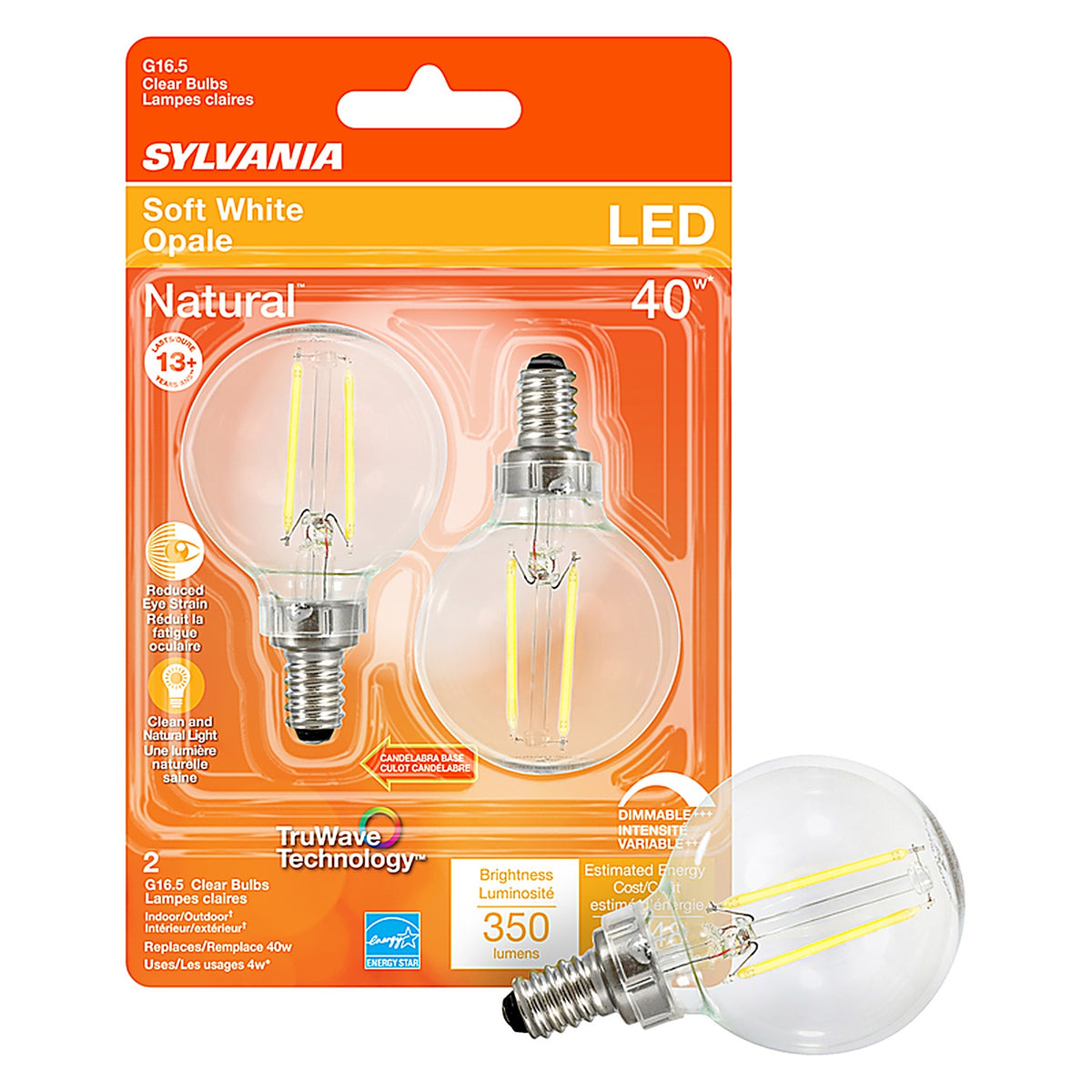 Sylvania 40784 Natural G16.5 E12 (Candelabra) LED Bulb Soft White 40 W 2 pk