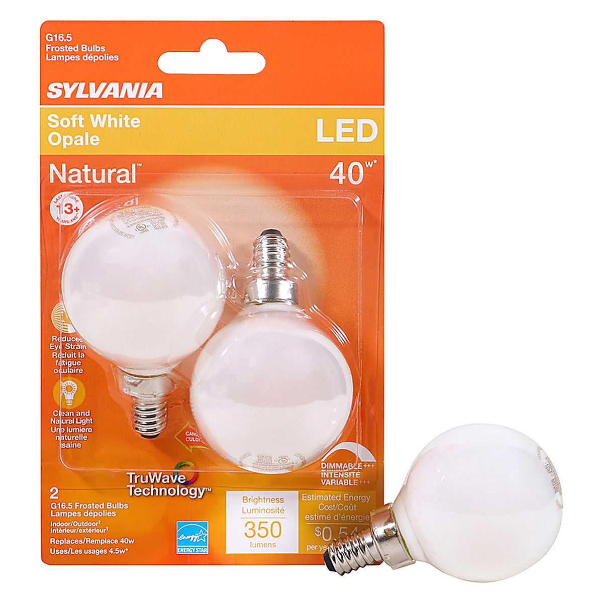 Sylvania 40797 Natural G16.5 E12 (Candelabra) LED Bulb Soft White 40 W 2 pk