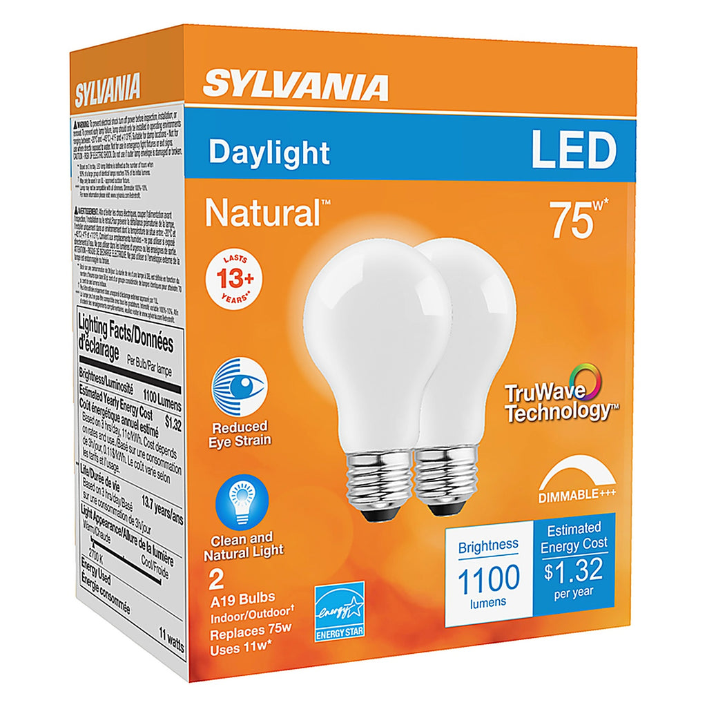 Sylvania - 40751 - Natural A19 E26 (Medium) LED Bulb Daylight 75 Watt Equivalence 2 Pack