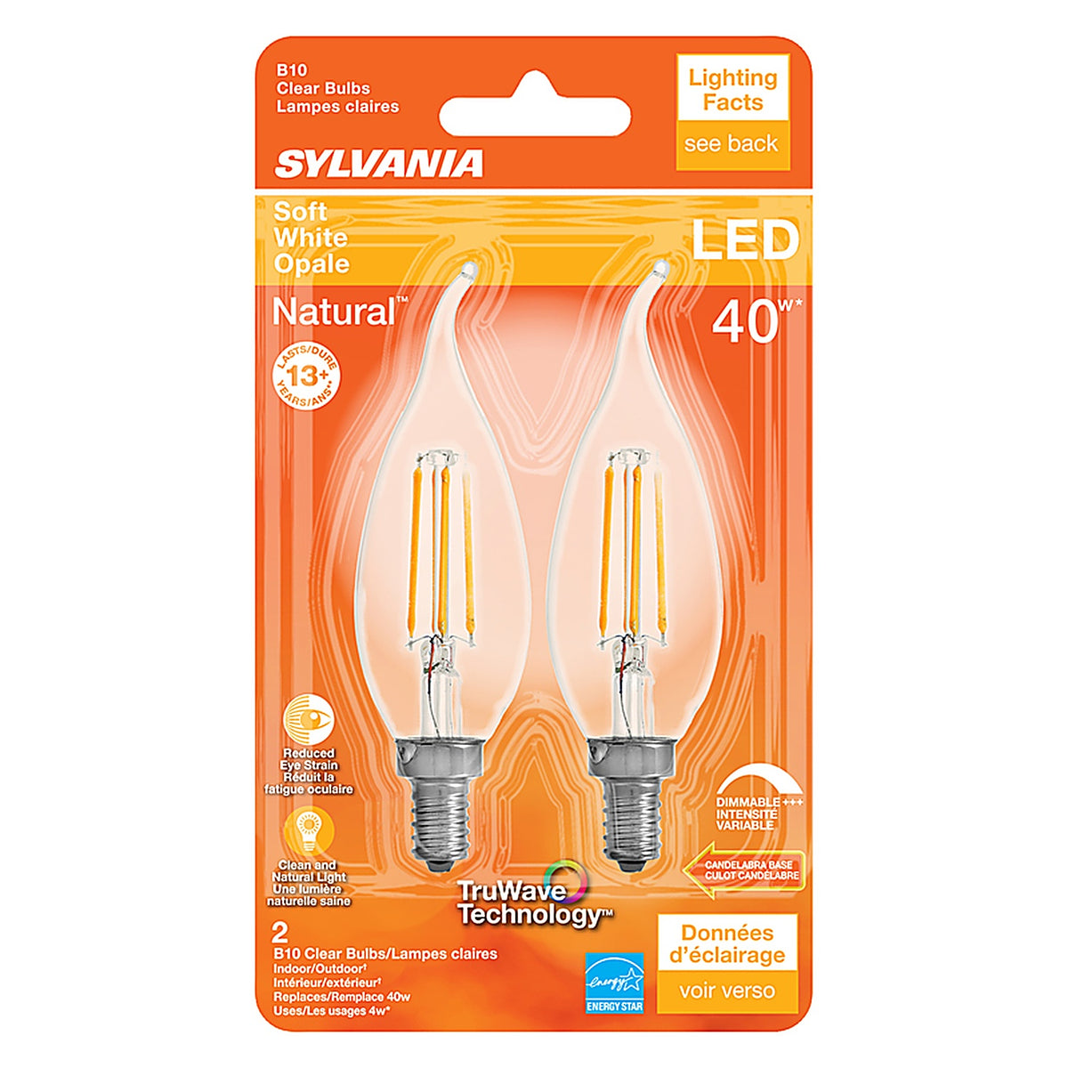 Sylvania - 40755 - Natural B10 E12 (Candelabra) LED Bulb Soft White 40 Watt Equivalence 2 Pack