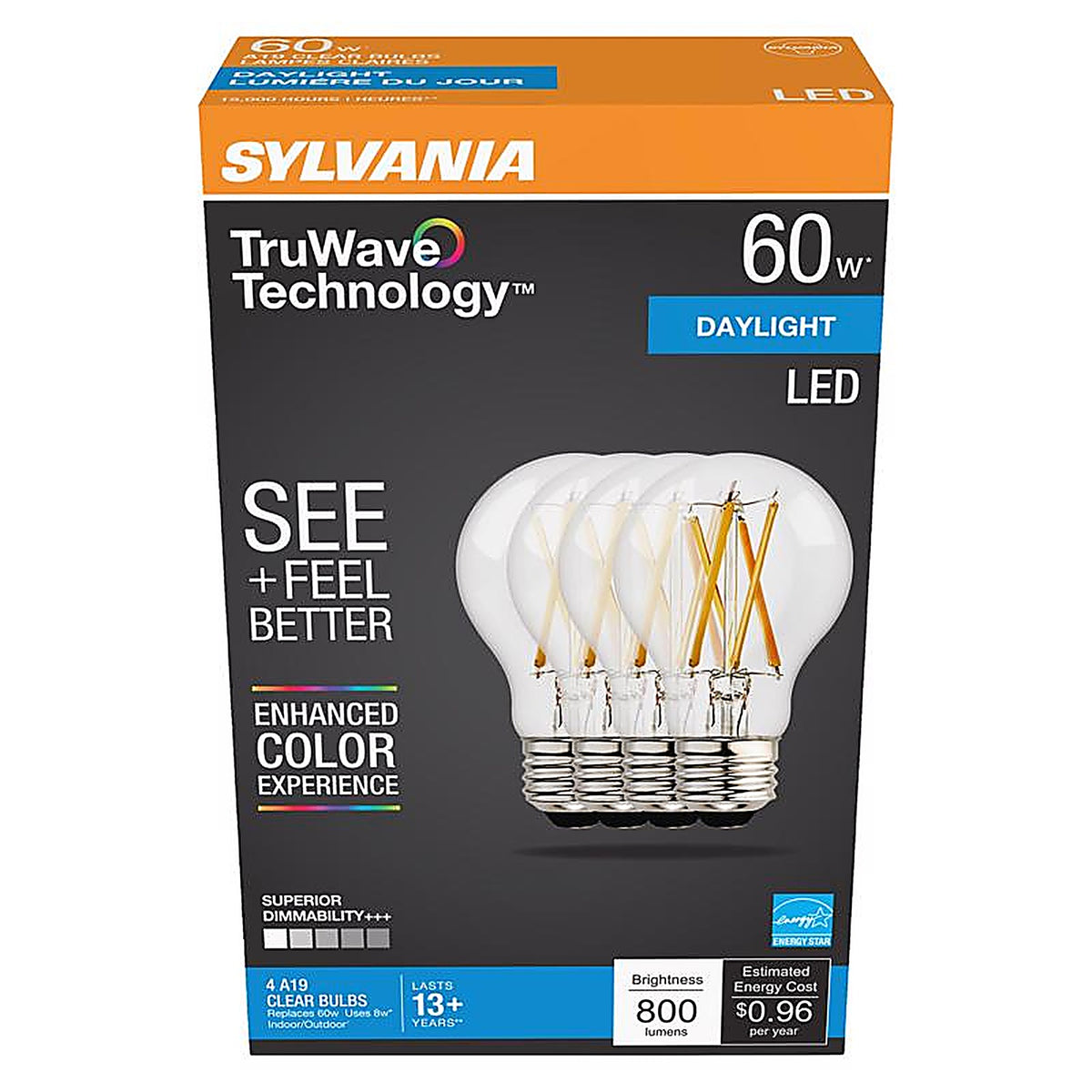 Sylvania 49827 Natural A19 E26 (Medium) LED Bulb Daylight 60 W 4 pk