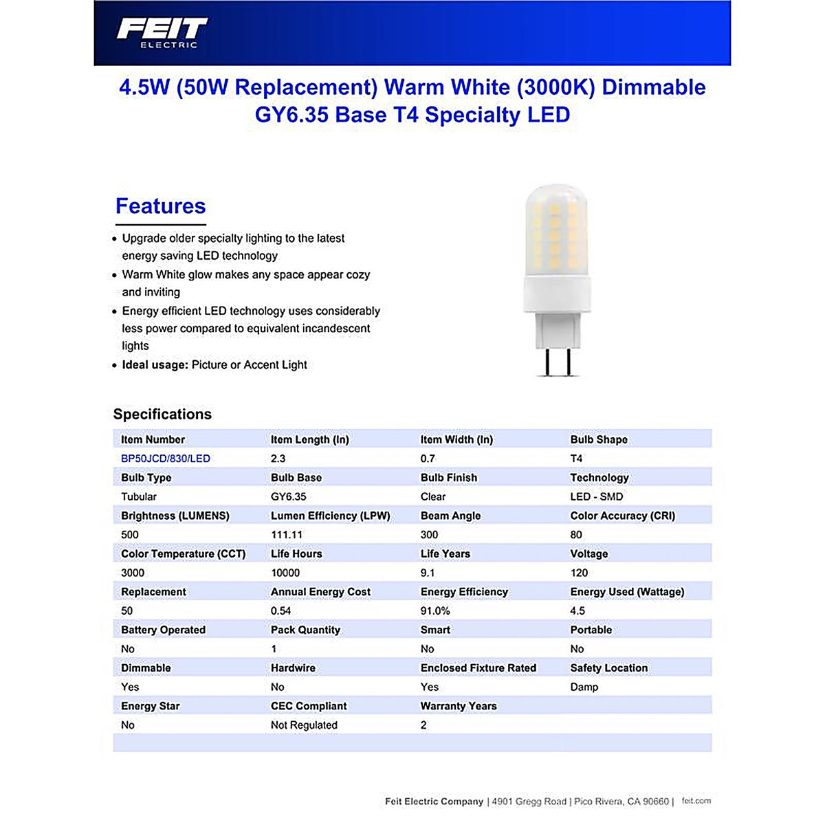 Feit Electric BP50JCD/830/LED T4 GY6.35 LED Bulb Warm White 50 W 1 pk