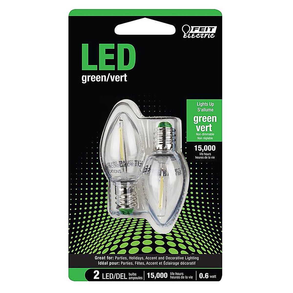 Feit Electric BPC7/G/LEDG2/2 C7 E12 (Candelabra) LED Bulb Green 0.1 W 2 pk