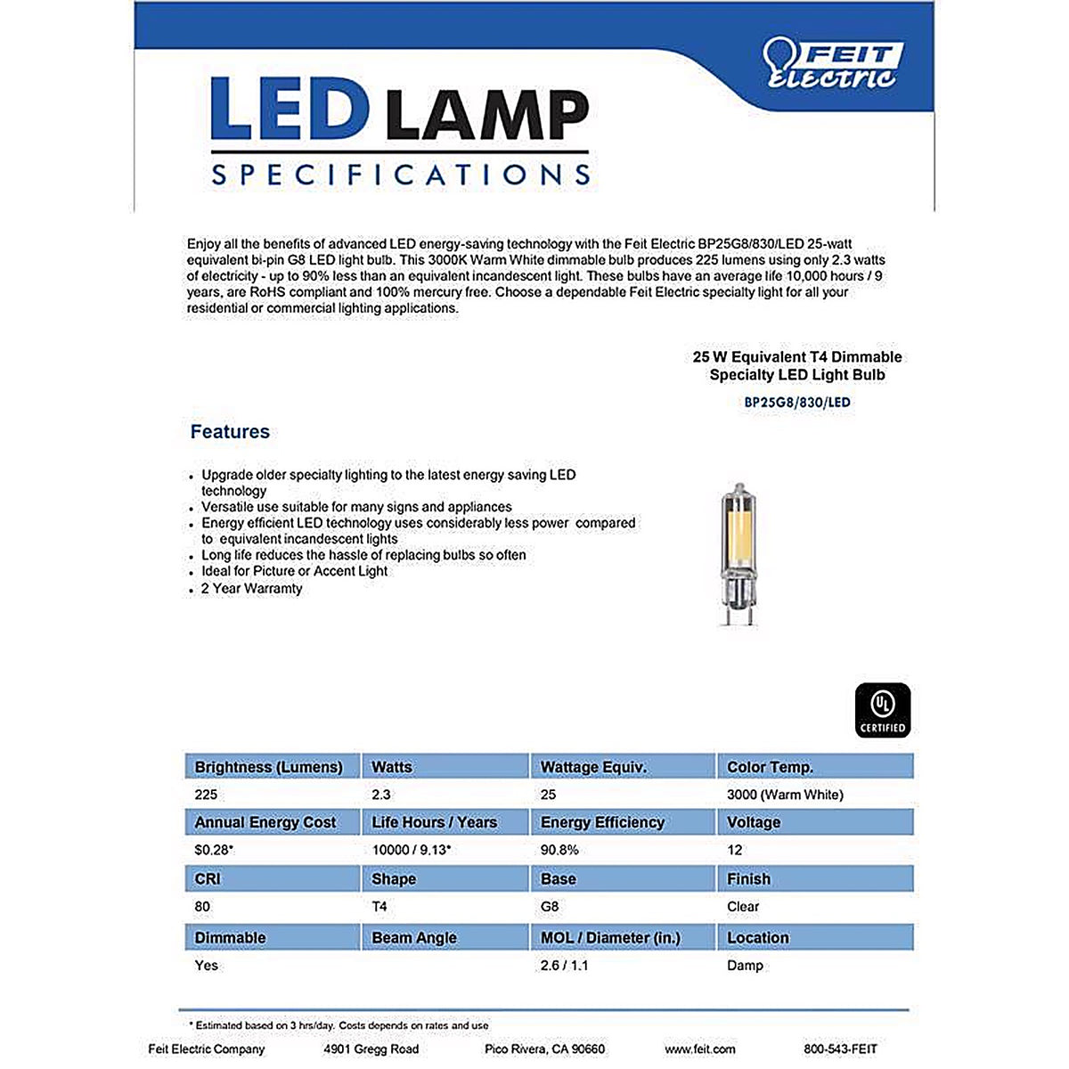 Feit Electric BP25G8/830/LED T4 G8 LED Bulb Warm White 25 W 1 pk