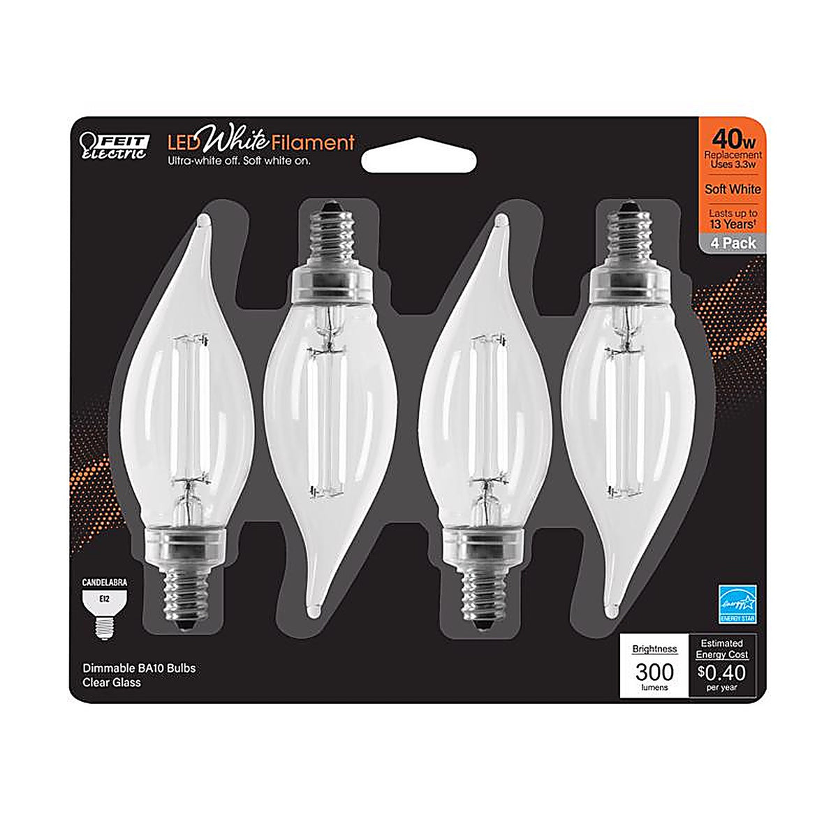 Feit Electric BPCFC40927CAWF4 BA10 E12 (Candelabra) Filament LED Bulb Soft White 40 Watt Equivalence 4 pk
