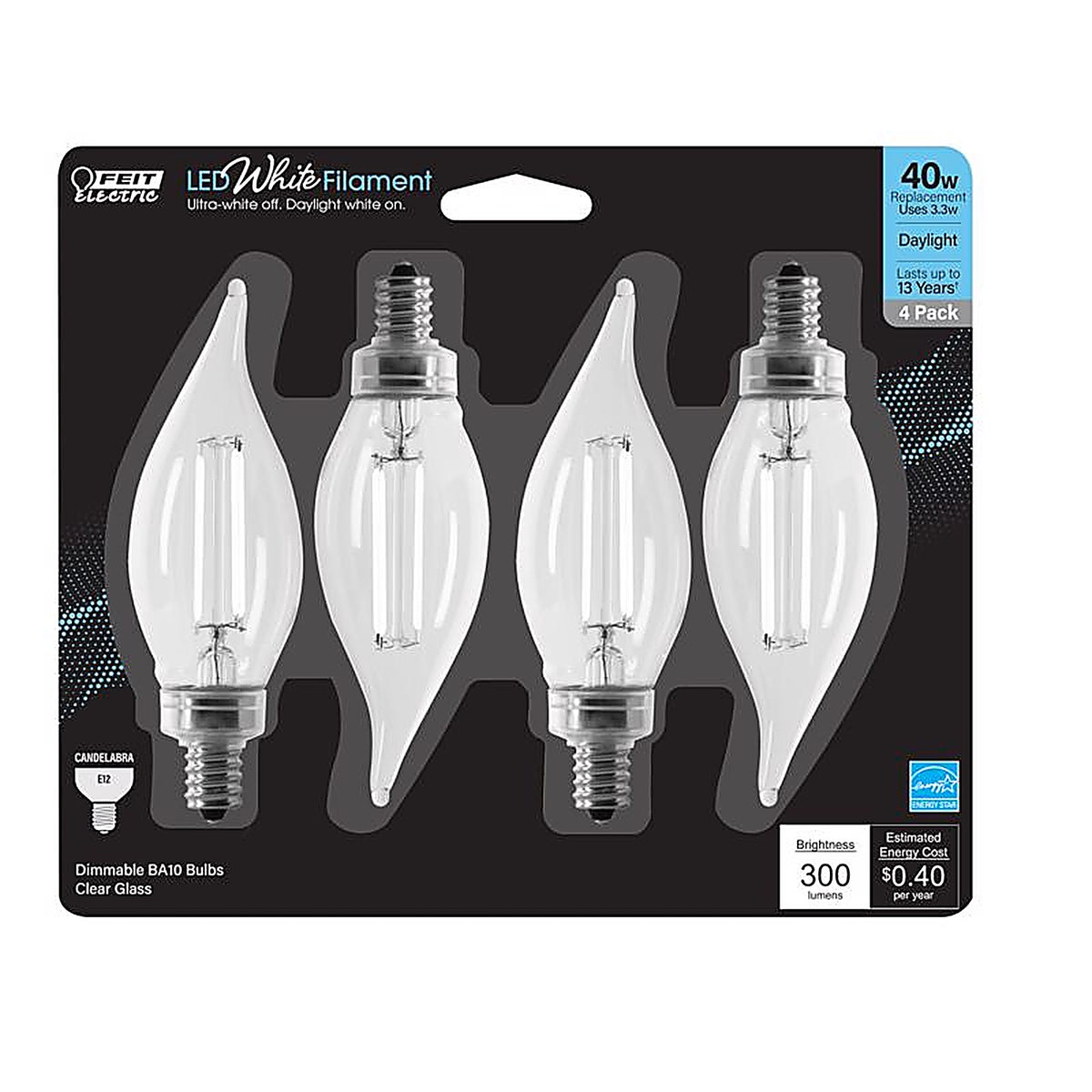 Feit Electric BPCFC4050WFIL/4 BA10 E12 (Candelabra) Filament LED Bulb Daylight 40 Watt Equivalence 4 pk