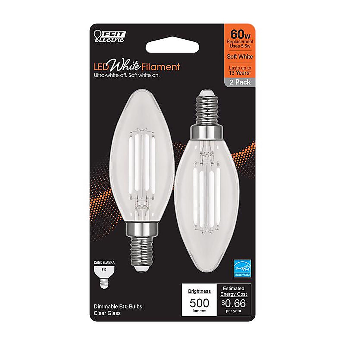 Feit Electric BPCTC60927CAWF2 BA10 E12 (Candelabra) Filament LED Bulb Soft White 60 Watt Equivalence 2 pk