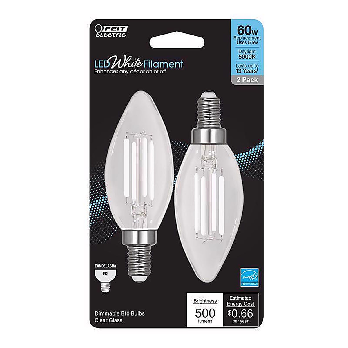 Feit Electric BPCTC6050WFIL/2 BA10 E12 (Candelabra) Filament LED Bulb Daylight 60 Watt Equivalence 2 pk