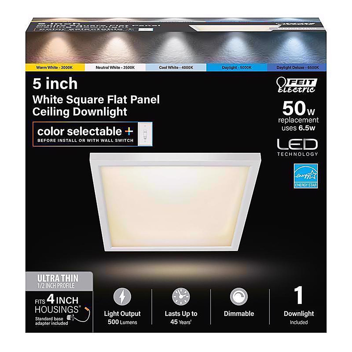 Feit - 74204/6WYCA - Edgelit 1.1 In. H X 5 In. W X 5 In. L Frost White LED Flat Panel Light Fixture