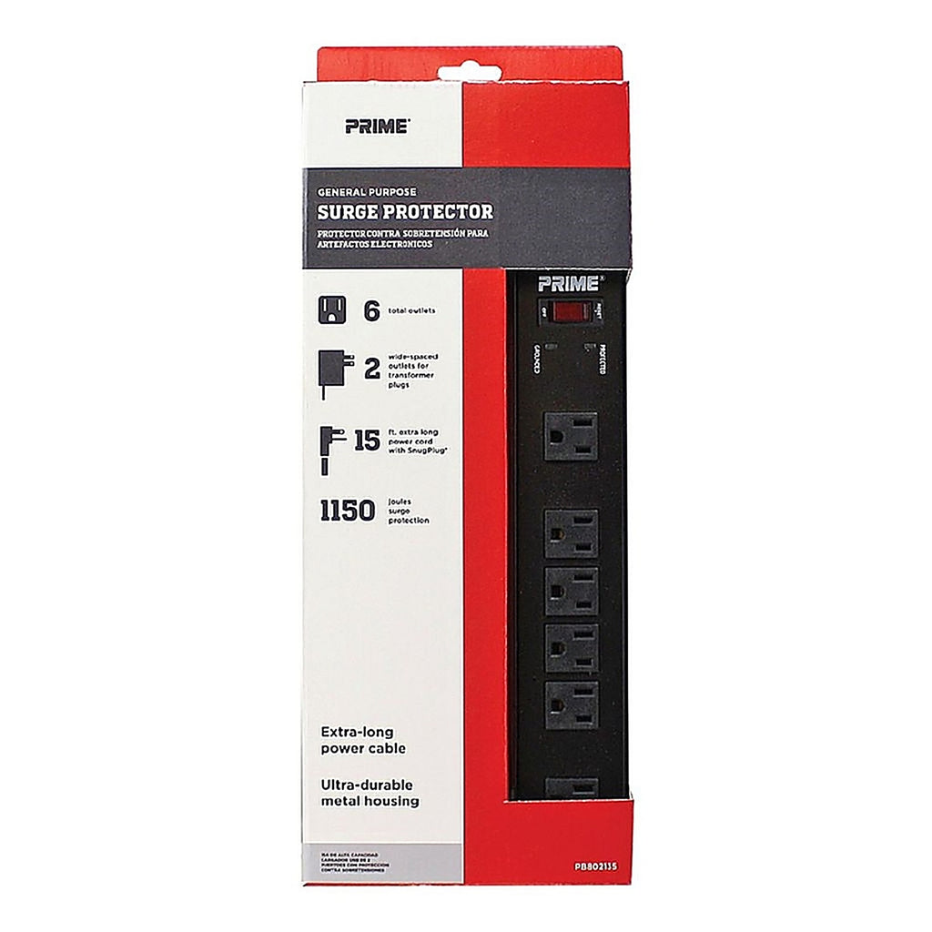 Prime - PB802135 - 15 Ft. L 6 Outlets Surge Protector Black 1150 J