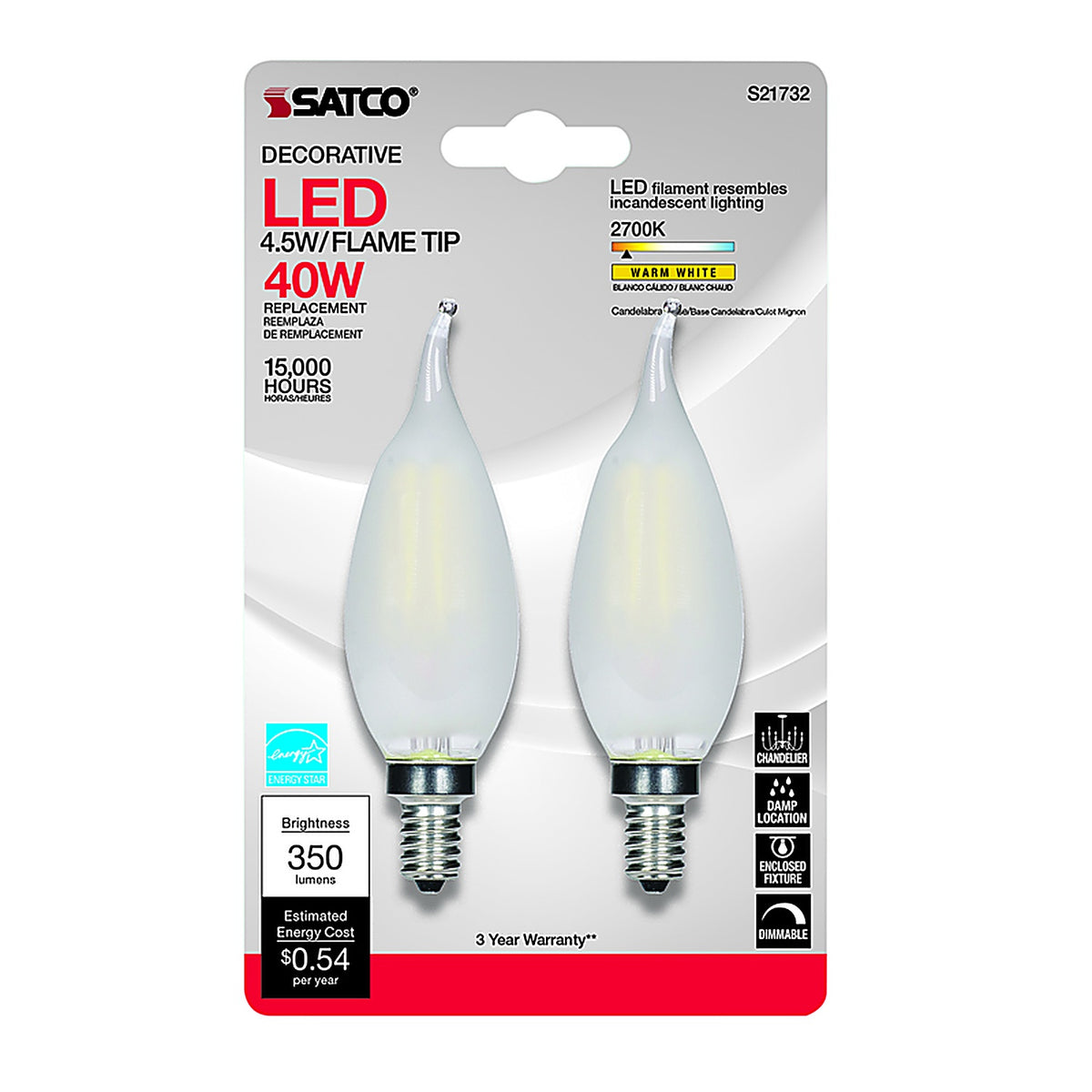 Satco - S21843 - Ca10 (Flame Tip) E12 (Candelabra) LED Bulb Warm White 40 Watt Equivalence 2 Pack