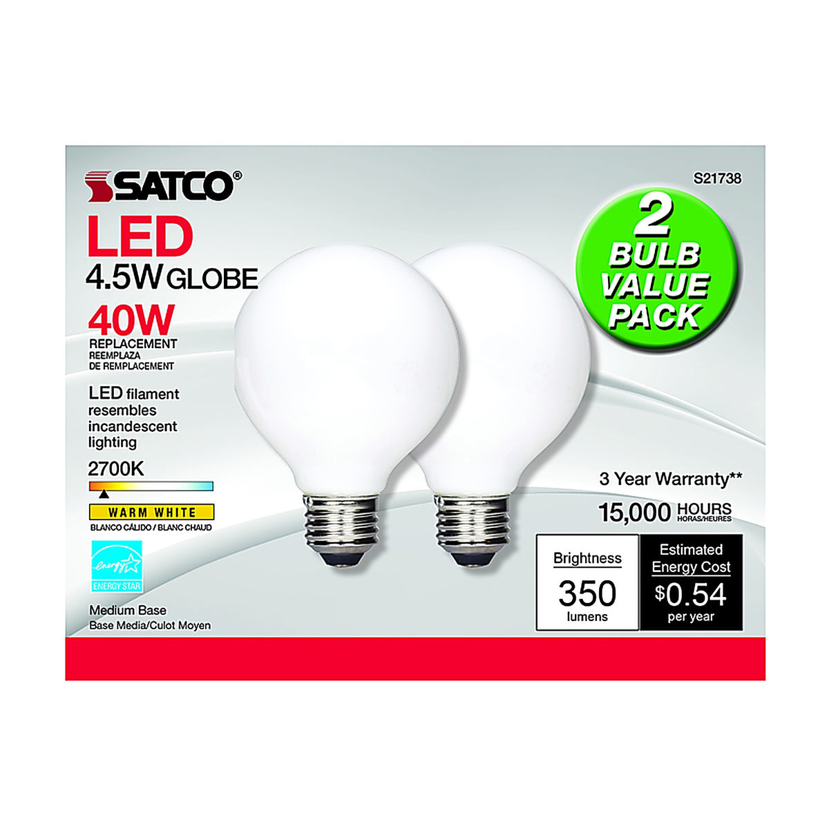 Satco - S21244 - G25 E26 (Medium) LED Bulb Warm White 40 Watt Equivalence 2 Pack