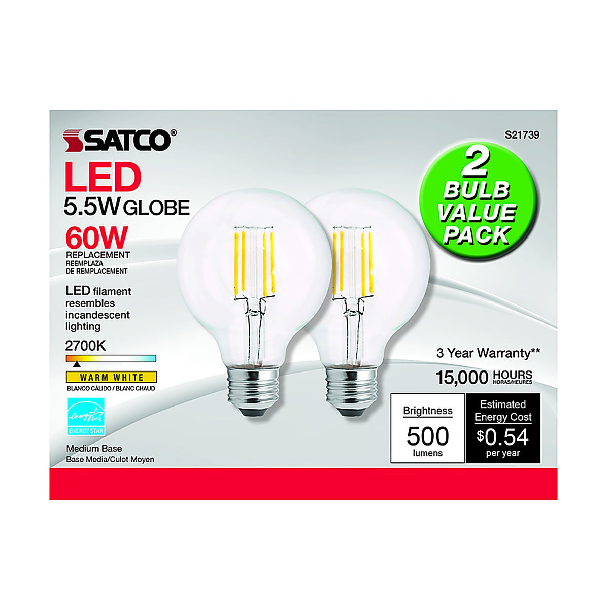 Satco - S21245 - G25 E26 (Medium) LED Bulb Warm White 60 Watt Equivalence 2 Pack