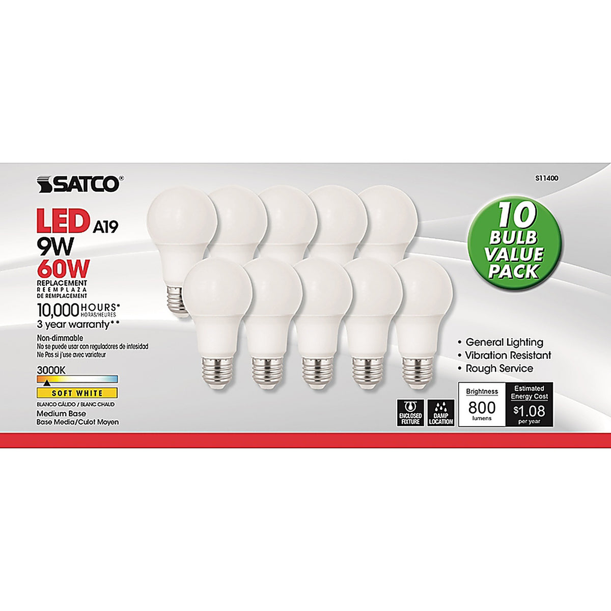 Satco - S11400 - A19 E26 (Medium) LED Bulb Soft White 60 Watt Equivalence 10 Pack
