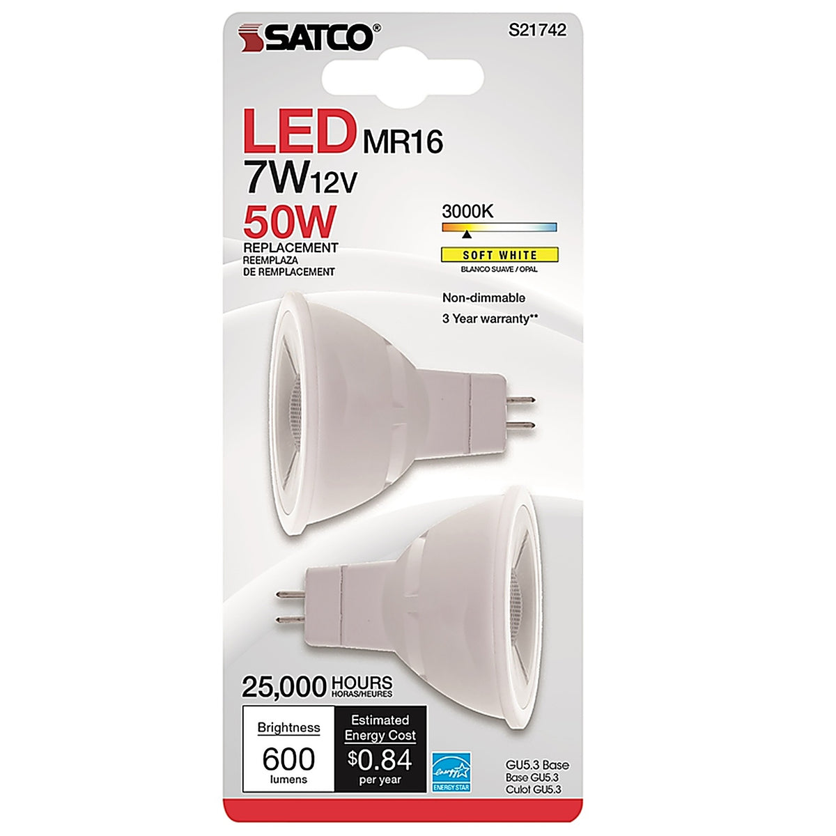 Satco - S21742 - Mr16 Gu5.3 LED Bulb Soft White 50 Watt Equivalence 2 Pack