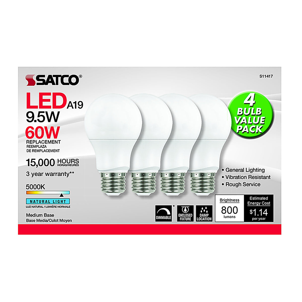 Satco - S11417 - A19 E26 (Medium) LED Bulb Natural Light 60 Watt Equivalence 4 Pack