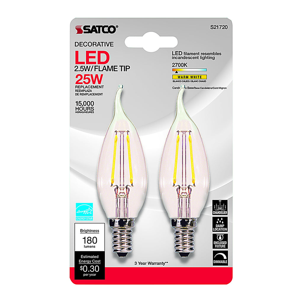 Satco - S21839 - Ca10 (Flame Tip) E12 (Candelabra) LED Bulb Warm White 25 Watt Equivalence 2 Pack