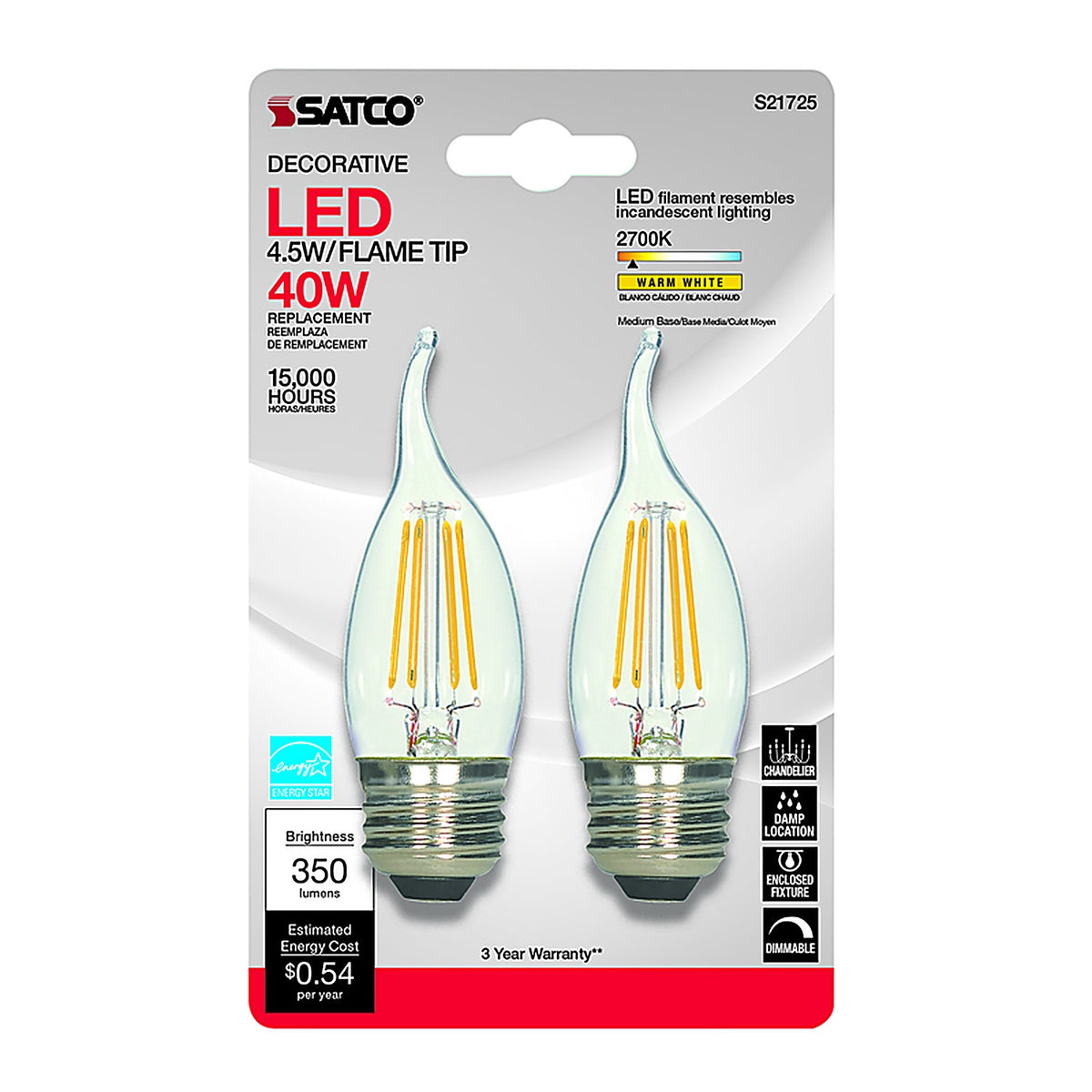 Satco - S21849 - Ca10 (Flame Tip) E26 (Medium) LED Bulb Warm White 40 Watt Equivalence 2 Pack