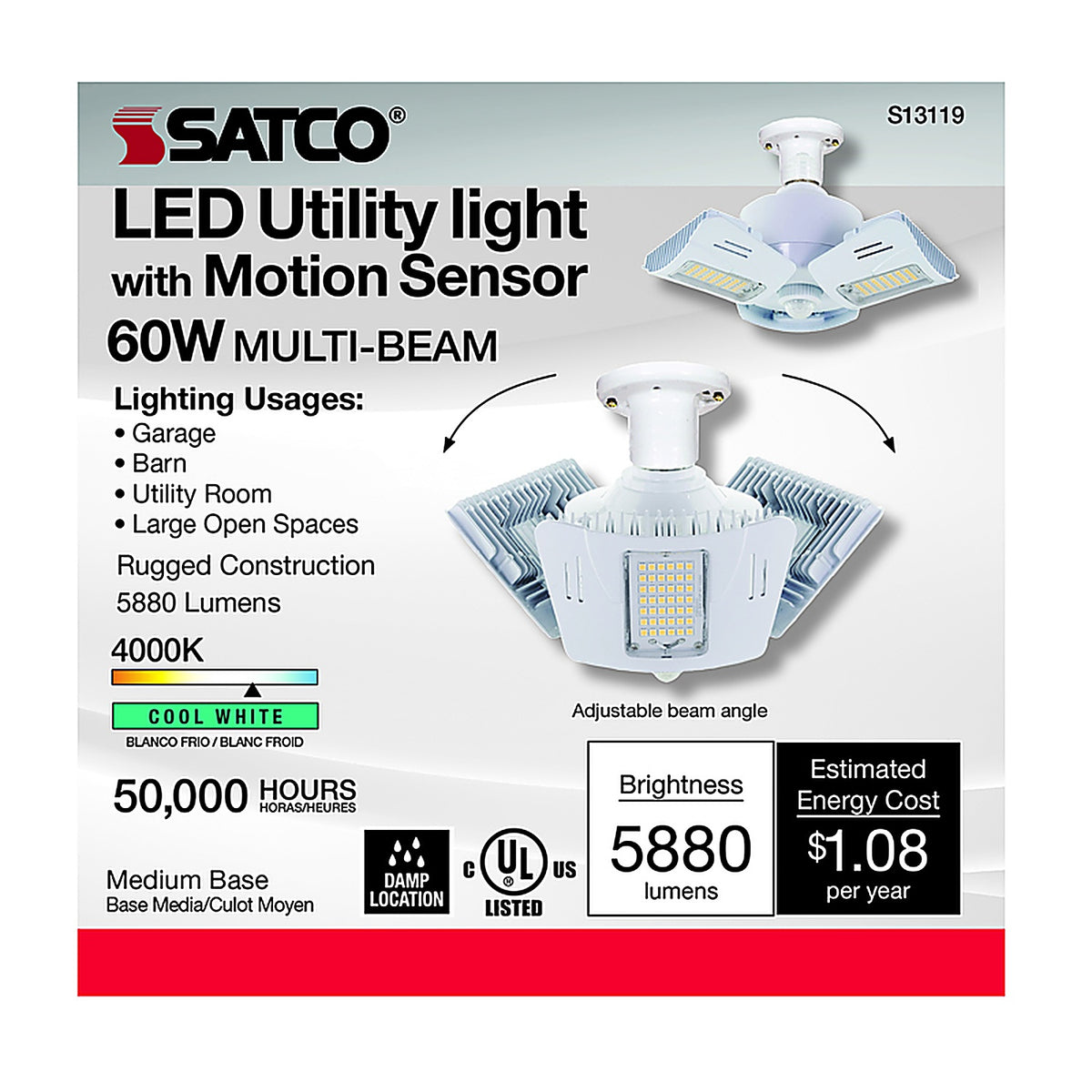 Satco - S13119 - Wide Surface E26 (Medium) Smart-Enabled LED Motion Sensor Utility Light Cool White 60 Watt Equ