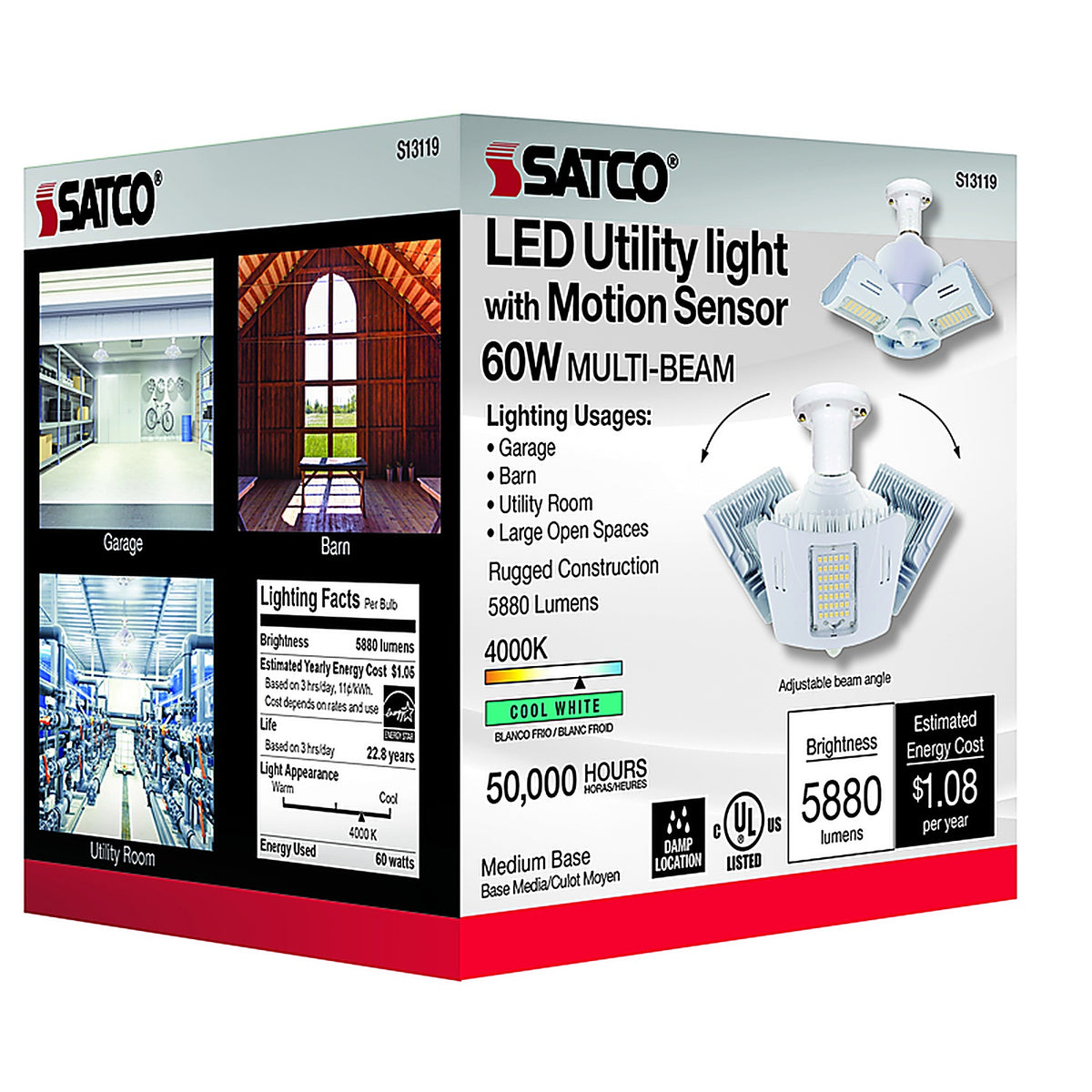 Satco - S13119 - Wide Surface E26 (Medium) Smart-Enabled LED Motion Sensor Utility Light Cool White 60 Watt Equ