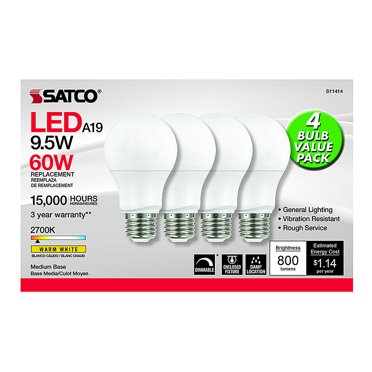 Satco - S11414 - A19 E26 (Medium) LED Bulb Warm White 60 Watt Equivalence 4 Pack