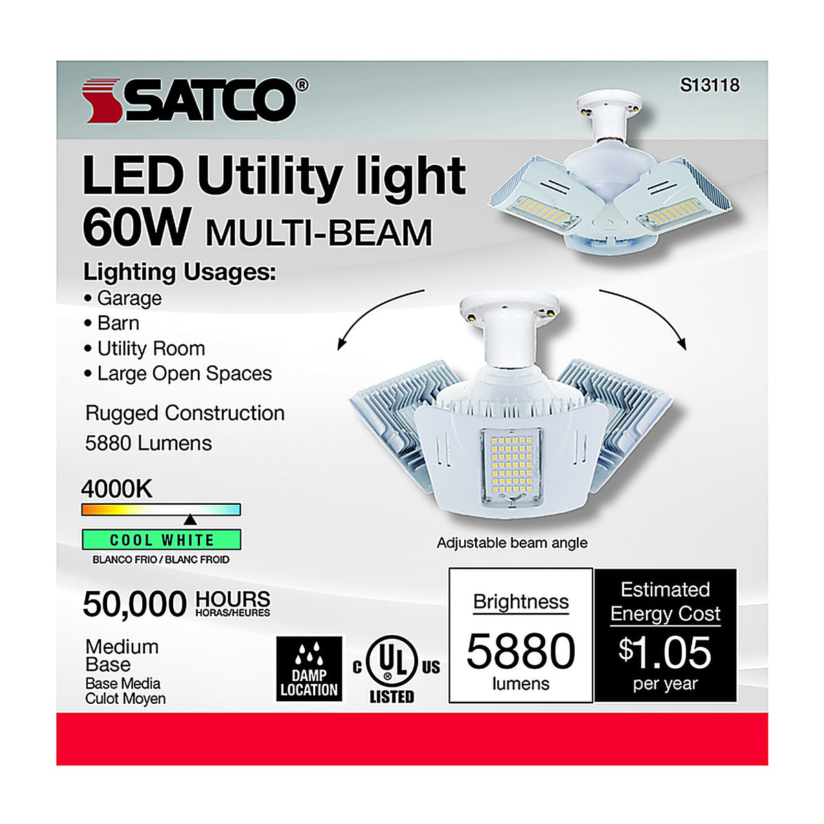 Satco - S13118 - Wide Surface E26 (Medium) LED Utility Light Cool White 300 Watt Equivalence 1 Pack