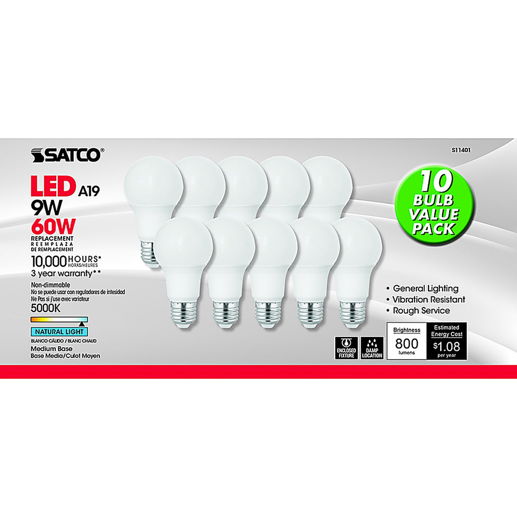 Satco - S11401 - A19 E26 (Medium) LED Bulb Natural Light 60 Watt Equivalence 10 Pack