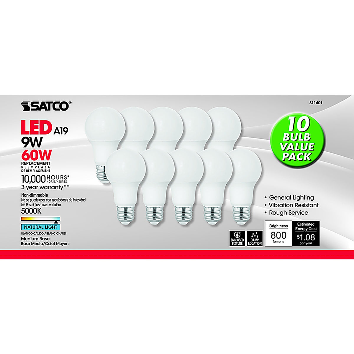 Satco - S11401 - A19 E26 (Medium) LED Bulb Natural Light 60 Watt Equivalence 10 Pack