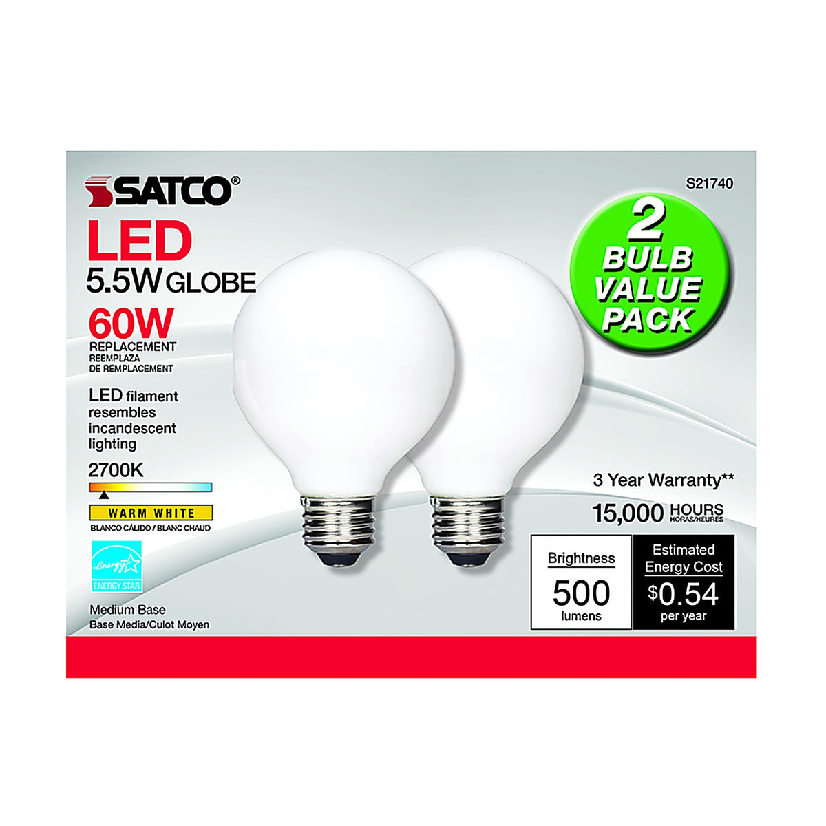 Satco - S21247 - G25 E26 (Medium) LED Bulb Warm White 60 Watt Equivalence 2 Pack