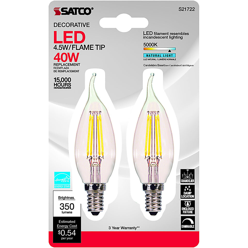 Satco - S21842 - Ca10 (Flame Tip) E12 (Candelabra) LED Bulb Natural Light 40 Watt Equivalence 2 Pack