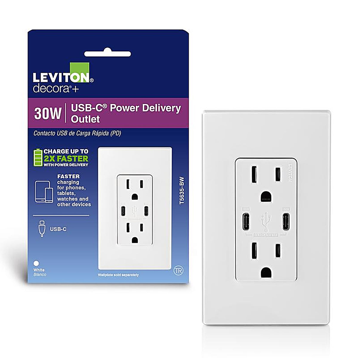 Leviton R02-T5635-0BW 15 amps 125 volt Duplex and Type C White Outlet and USB Charger 5-15 R 1/Pack