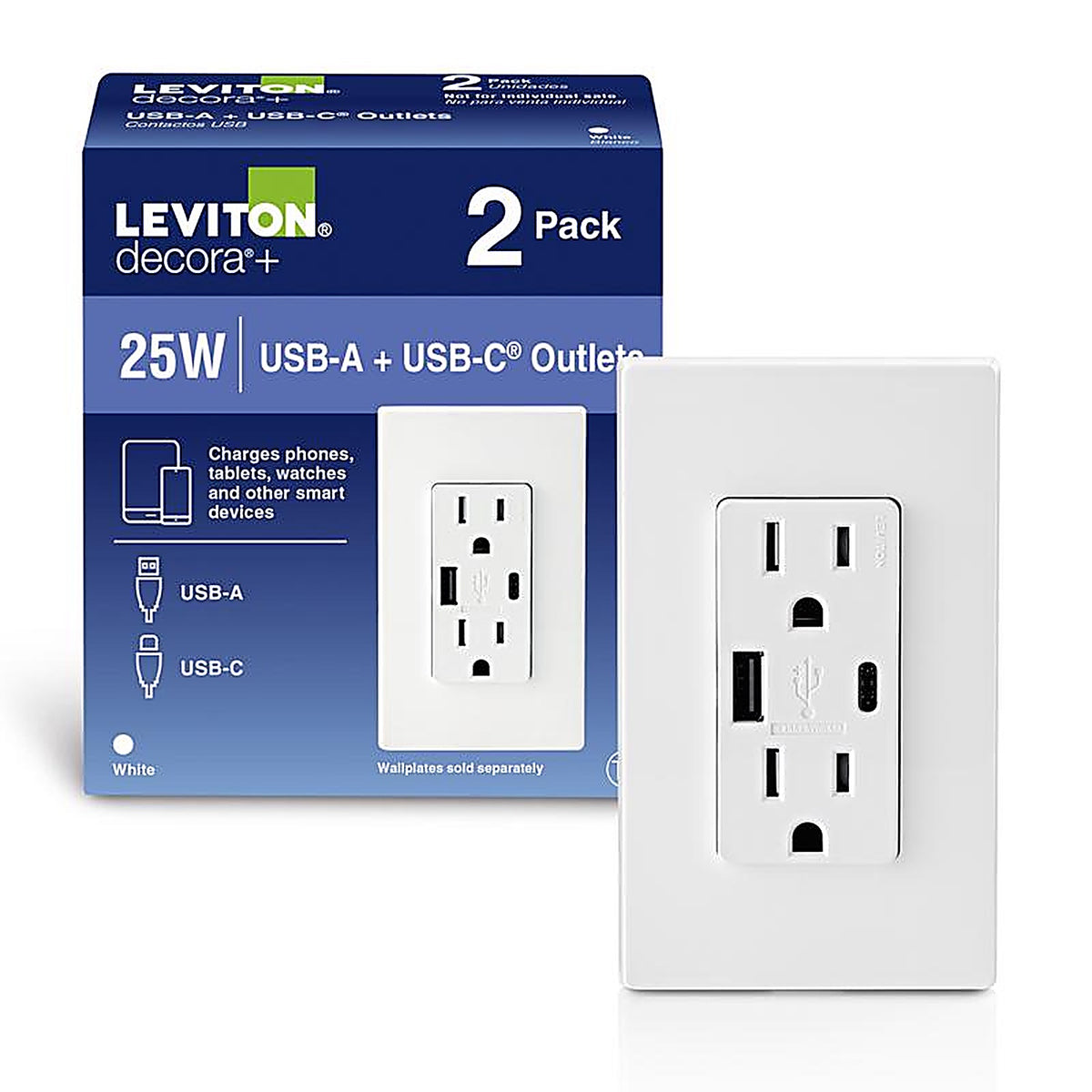 Leviton T5633-2BW Decora 15 amps Duplex, Type A, Type C White Outlet and USB Charger 5-15 R 2/Pack