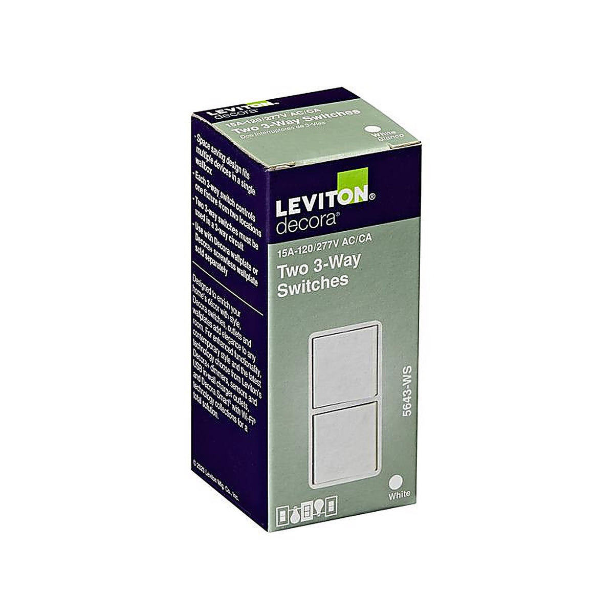 Leviton 05643-0WS Decora 15 amps 3-Way Rocker Switch White 1 pk