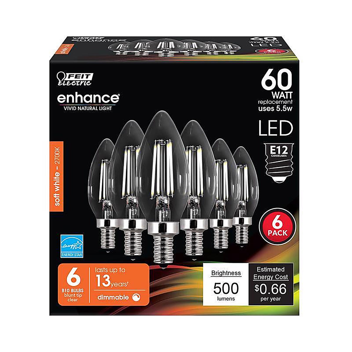 Feit Electric CTC60/927CAFIL6 Enhance B10 E12 (Candelabra) LED Bulb Soft White 60 Watt Equivalence 6 pk