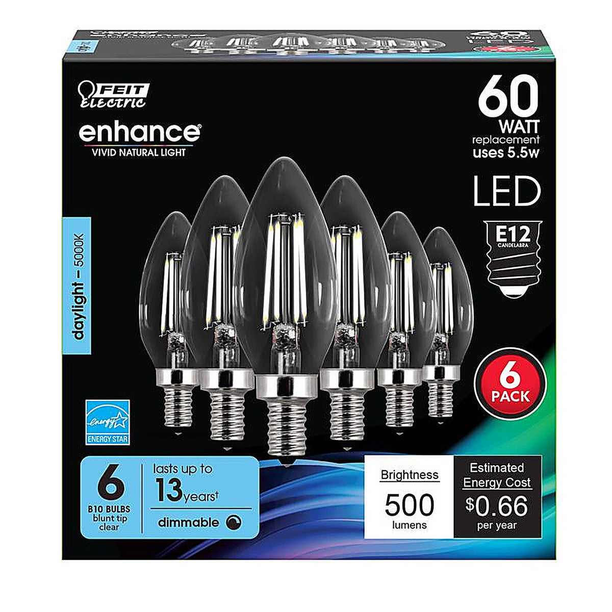 Feit Electric CTC60/950CAFIL6 B10 E12 (Candelabra) LED Bulb Daylight 60 W 6 pk