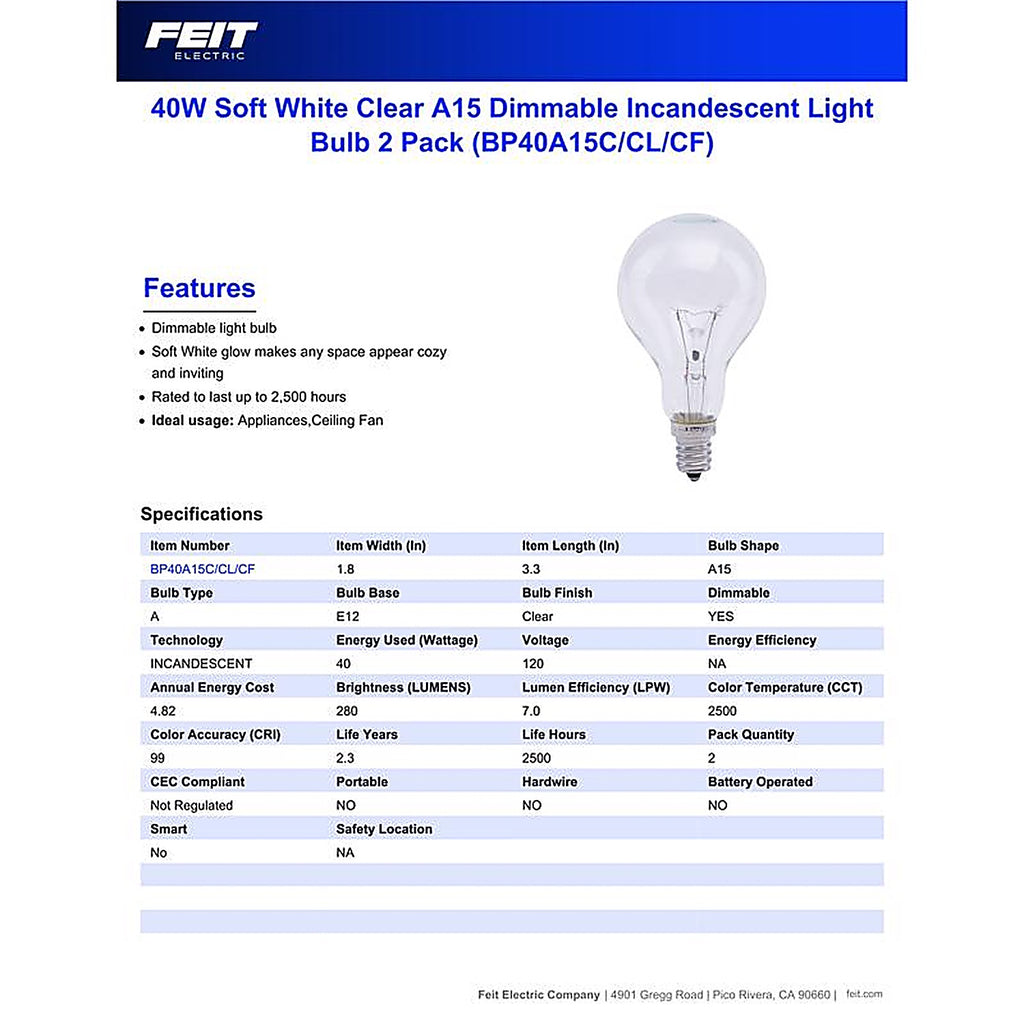 Feit - BP40A15C/CL/CF - 40 W A15 Ceiling Fan Incandescent Bulb E12 (Candelabra) Soft White 1 Pack