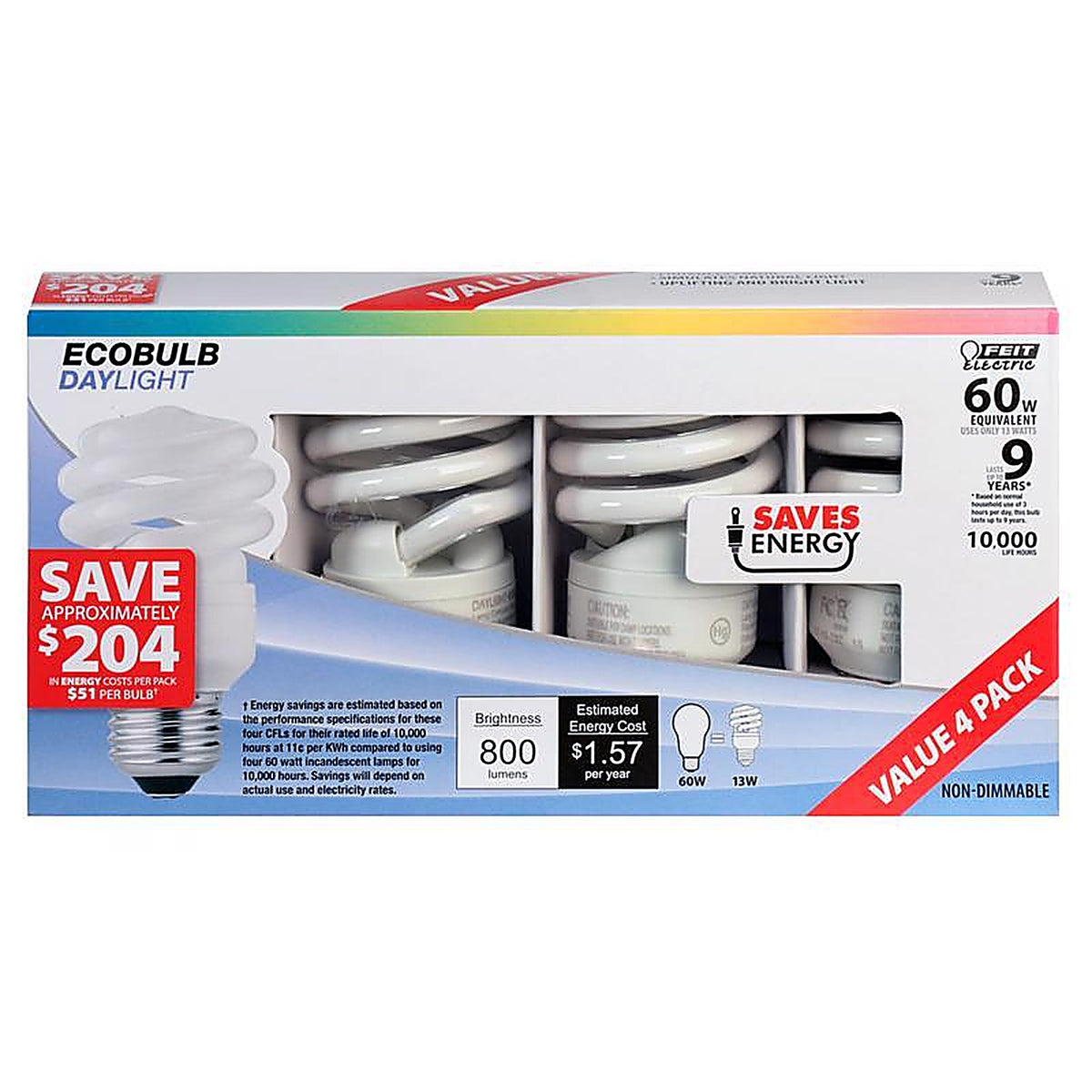 Feit - ESL13T/D/4 - 60 W A19 2 In. D X 3.7 In. L Cfl Bulb Daylight Spiral 6500 K 4 Pack