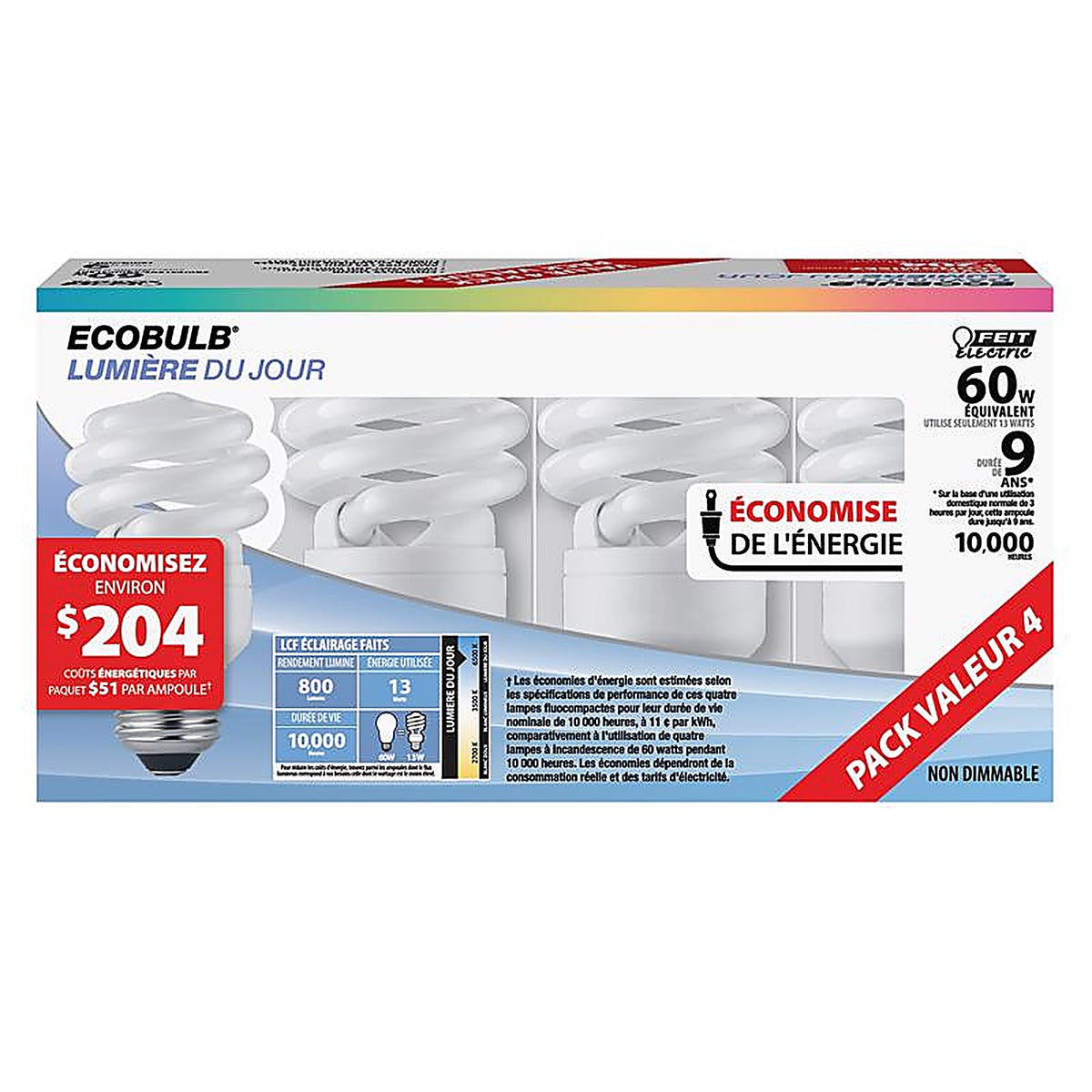 Feit - ESL13T/D/4 - 60 W A19 2 In. D X 3.7 In. L Cfl Bulb Daylight Spiral 6500 K 4 Pack