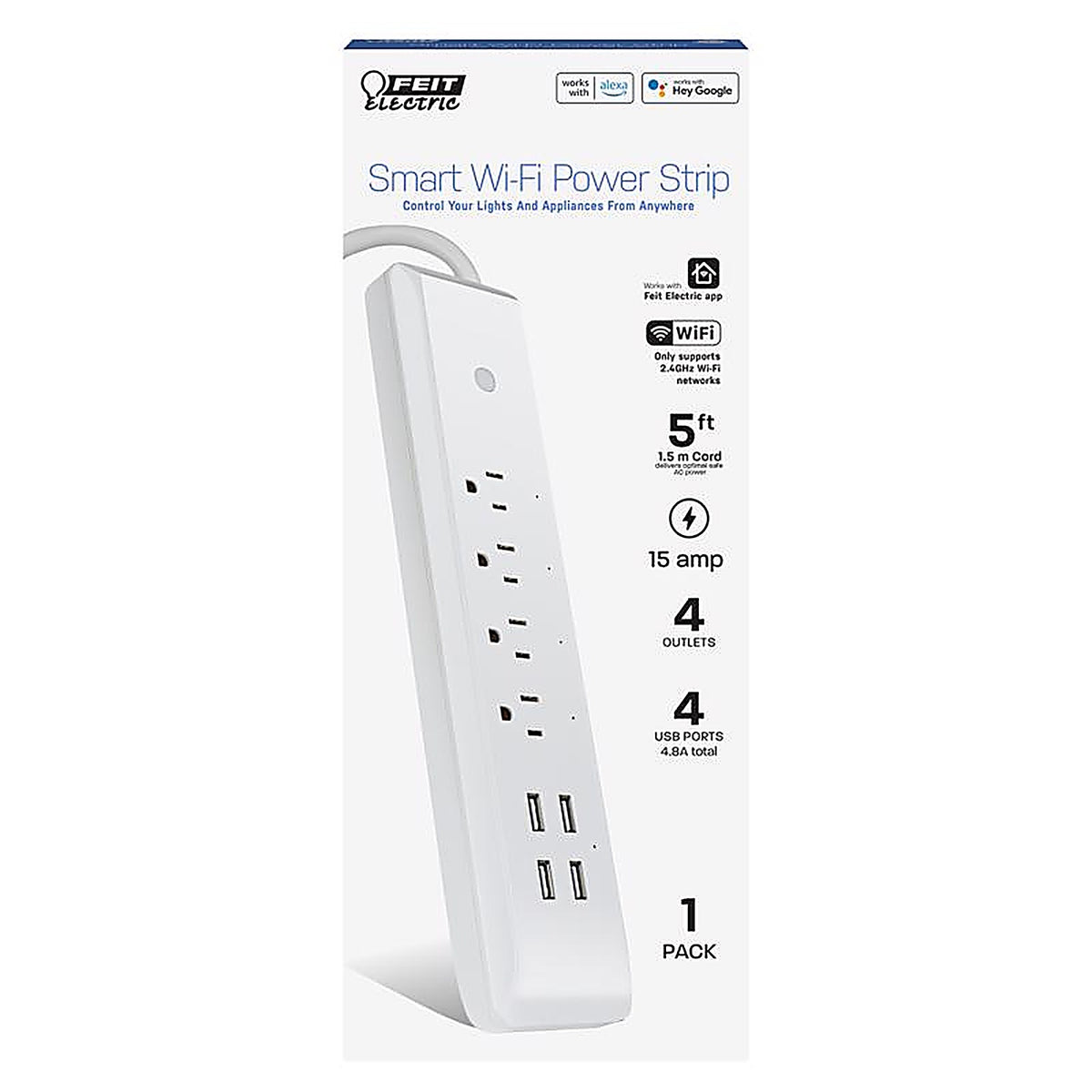 Feit Electric POWERSTRIP/WIFI 5 ft. L 4 outlets Wi-Fi Power Strip with USB White