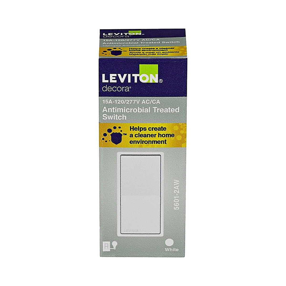 Leviton 05601-2AW Decora 15 amps Single Pole Antimicrobial Treated Rocker AC Quiet Switch White 1/Pack