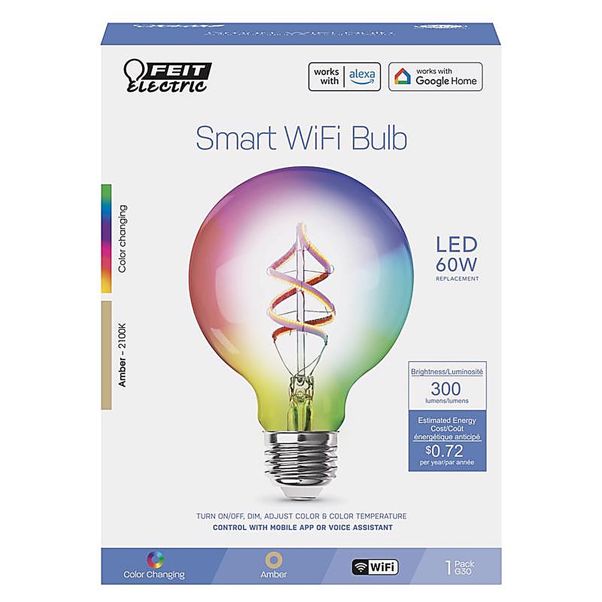 Feit Electric G3060/RGBWFILAG G30 E26 (Medium) LED Smart Bulb Color Changing 60 W 1 pk