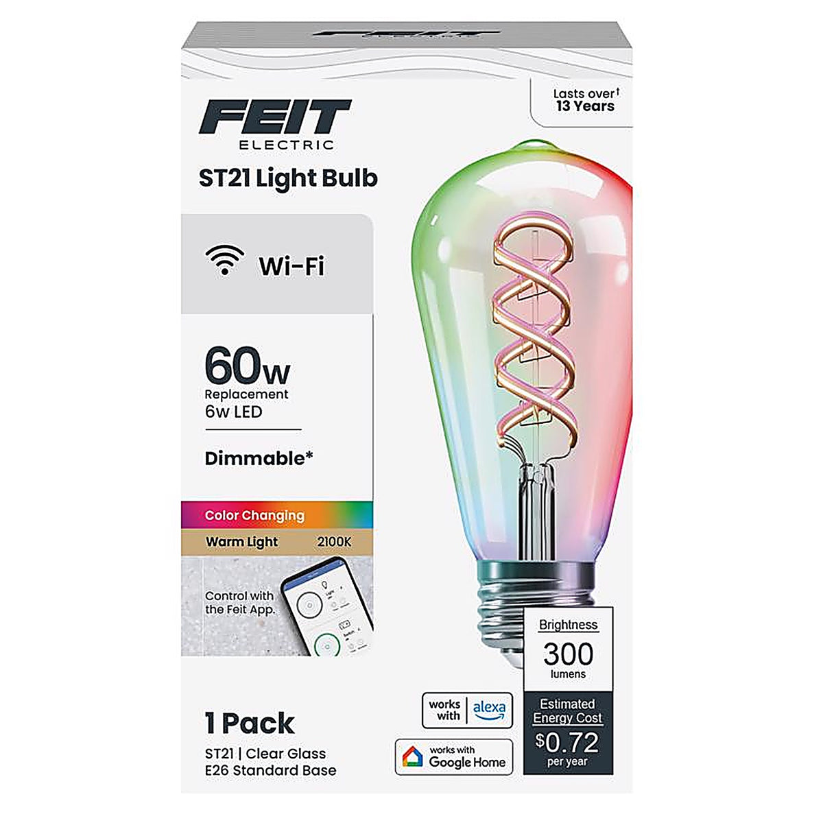 Feit Electric ST2160RGBWIFIAG ST21 E26 (Medium) LED Smart Bulb Amber 60 Watt Equivalence 1 pk
