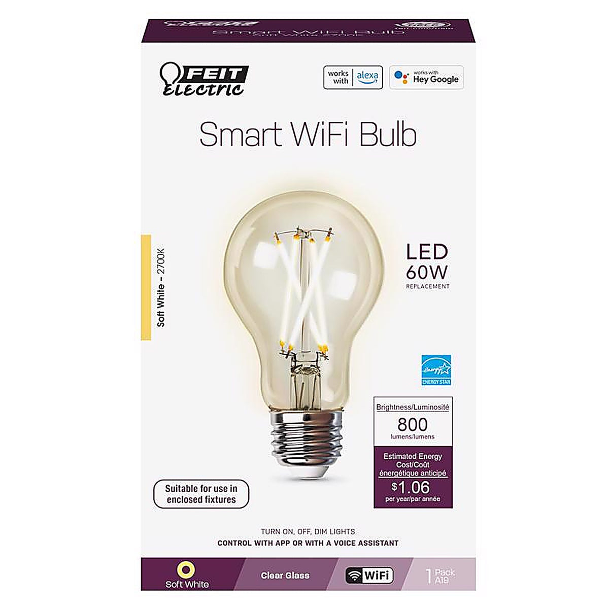 Feit Electric A1960CL927CAFAG A19 E26 (Medium) LED Smart Bulb Soft White 60 W 1 pk